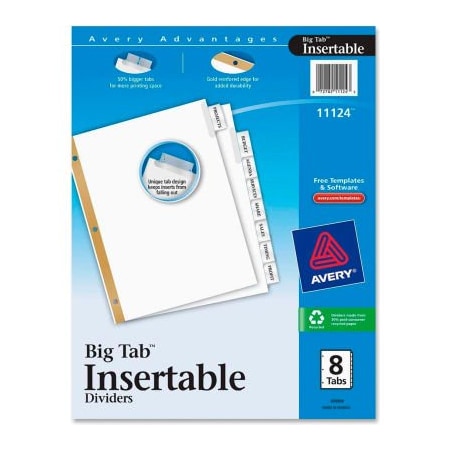Avery Dennison Avery WorkSaver Big Tab Insertable Tab Divider, Blank, 8.5"x11", 8 Tabs, White/Clear 11124